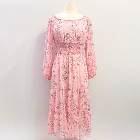 Miss Selfridge Petite chiffon midi dress in pink patchwork floral size US 8 - Picture 1 of 8